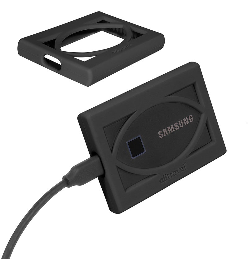 Alltravel غطاء واقي خارجي لمحرك الأقراص الصلبة من Alltravel لجهاز Samsung T7 وT7 Touch - 1TB، 2TB، 500GB - محركات أقراص صلبة خارجية USB 3.2، واقي قوي للغاية ضد الصدمات، الاهتزاز والسقوط (أسود) - Image 1